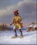 Cornelius Krieghoff Indian Trapper with Red Feathered Cap in Winter oil painting on canvas